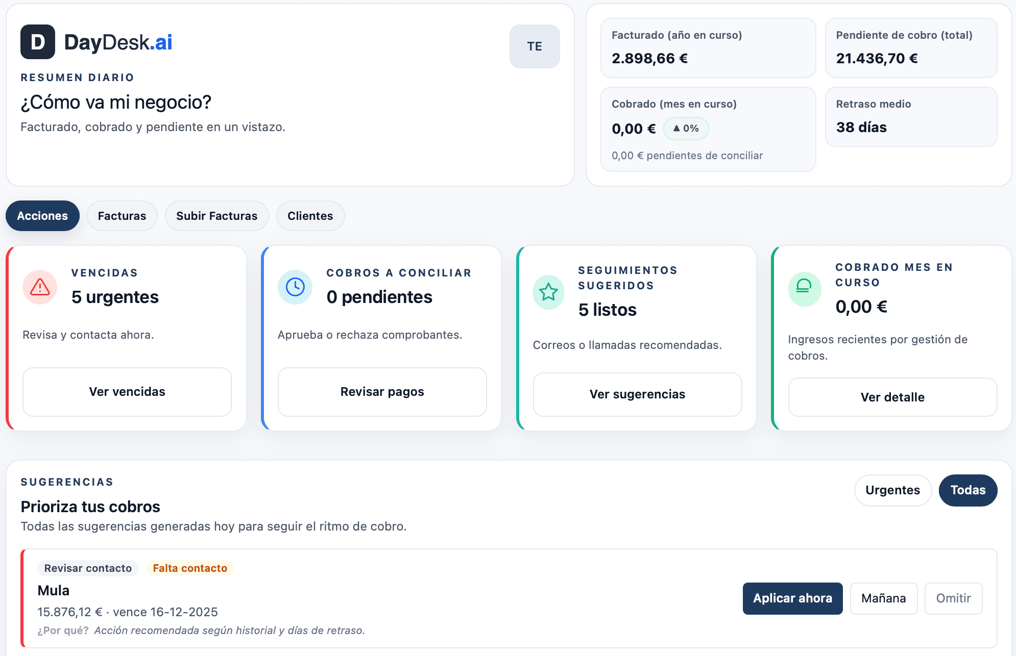 Captura real de la aplicación DayDesk gestionando cobros